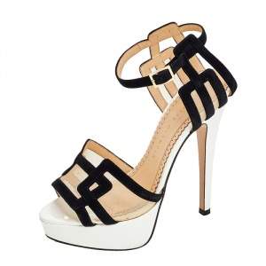 Pre Owned Charlotte Olympia Black/Beige Suede and Mesh Geometric Platform Sandals Size 35