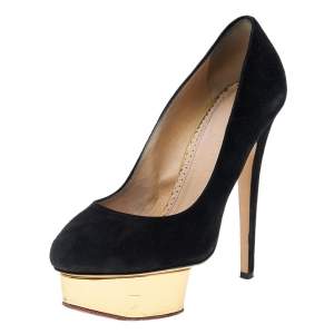 Charlotte Olympia Black Suede Dolly Platform Pumps Size 37.5 