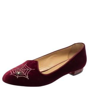 Charlotte Olympia Burgundy Velvet Spider Embellished Smoking Loafers Size 39