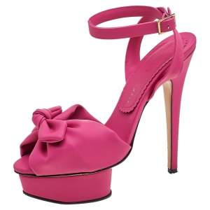 Pre Owned Charlotte Olympia Pink Vinyl Serena Bow Ankle Strap Platform Sandals Size 37.5