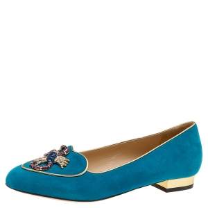 Charlotte Olympia Blue Suede Embellished Slip on Loafers Size 38