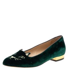 Pre Owned Charlotte Olympia Dark Green Velvet Kitty Ballet Flats Size 37