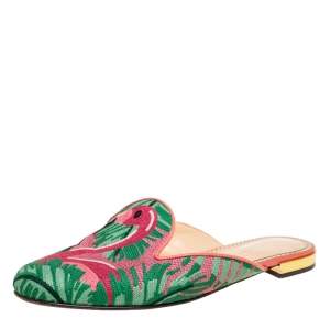 Pre Owned Charlotte Olympia Green/Pink Flamingo Embroidered Fabric Flat Mules Size 40