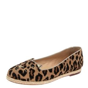 Pre Owned Charlotte Olympia Beige/Brown Leopard Print Calf Hair  Espadrille Flats Size 38