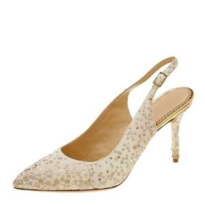 Pre Owned Charlotte Olympia Ivory Canvas Embroidered Slingback Sandals Size 41