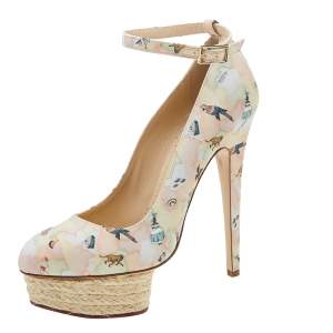 Pre Owned Charlotte Olympia Multicolor Discover Brazil Print Canvas Dolores Ankle Strap Platform Pumps Size 39
