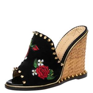 Pre Owned Charlotte Olympia Black Suede Gail Floral Embroidered Open Toe Wedge Sandals Size 36
