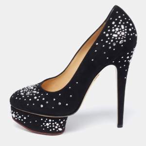 Pre Owned Charlotte Olympia Black Crystal Embellished Suede Dolly Platform Pumps Size 38.5