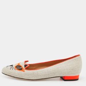 Pre Owned Charlotte Olympia Beige/Orange Canvas Cat Ballet Flats Size 38.5