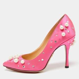 Pre Owned Charlotte Olympia Pink Satin Crystal Pearl Embellished Bacall  Pumps Size 36