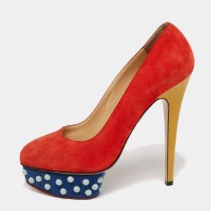 Pre Owned Charlotte Olympia Orange Suede Dolly Studded Platform Pumps Size 39