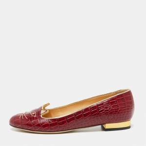 Pre Owned Charlotte Olympia Dark Red Croc Embossed Leather Kitty Ballet Flats Size 37.5 