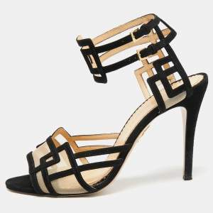 Pre Owned Charlotte Olympia Black Suede And Net  Ankle Strap Sandals  Size 41 