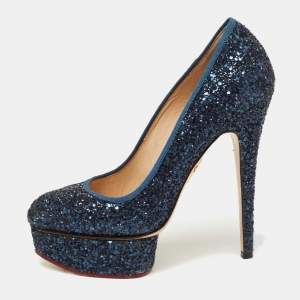 Pre Owned Charlotte Olympia Navy Blue Glitter Priscilla Platform Pumps Size 38