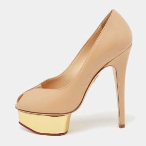 Pre Owned Charlotte Olympia Beige Leather Daphne Platform Pumps Size 35