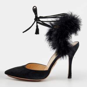 Charlotte Olympia Black Ostrich Feather and Suede Sandals Size 36