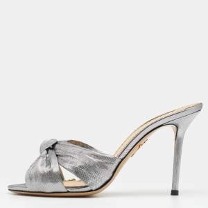 Charlotte Olympia Metallic Silver Fabric Farrah Knot Sandals Size 38