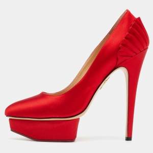 Charlotte Olympia Red Satin Peloma Fan Pleat Pumps Size 39.5