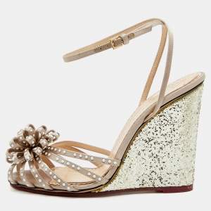 Charlotte Olympia Beige Satin Embellished Wedge Sandals Size 40