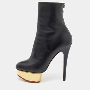 Pre Owned Charlotte Olympia Black Leather Ankle Length Boots Size 37