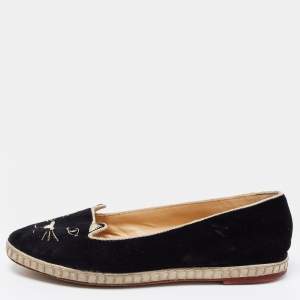 Charlotte Olympia Black Velvet Kitty Slip On Loafers Size 39