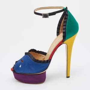 Charlotte Olympia Multicolor Satin Embellished Platform Ankle Strap Sandals Size 39