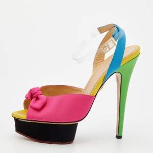 Charlotte Olympia Pink/Blue Fabric And PVC Bow Platform Ankle Strap Sandals Size 40