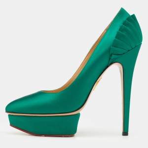 Charlotte Olympia Green Satin Paloma Platform Pumps Size 40