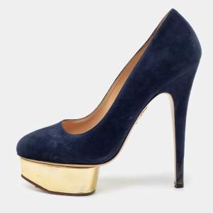 Charlotte Olympia Navy Blue Suede Dolly Platform Pumps Size 38