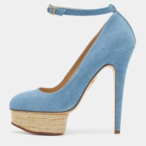 Pre Owned Charlotte Olympia Blue Denim Dolores Platform Ankle Strap Pumps Size 39
