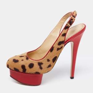 Charlotte Olympia Red/Brown Leopard Calf Hair And Leather Dolly Slingback Pumps Size 36.5