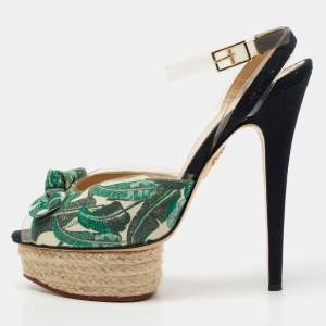 Charlotte Olympia Tri Color Leaves Printed Canvas and PVC Bow Peep-Toe Platform Sandals Size 40