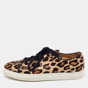 Charlotte Olympia Beige/Brown Leopard Print Calf Hair Purrfect Low Top Sneakers Size 37.5 