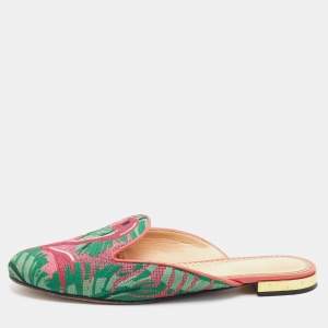 Charlotte Olympia Multicolor Flamingo Embroidered Fabric Flat Mules Size 39.5