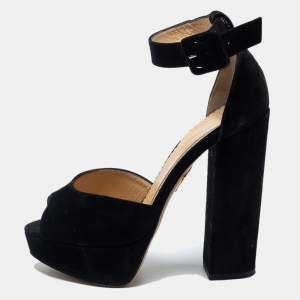 Charlotte Olympia Black Suede Peep-Toe Platform Ankle Strap Sandals Size 35