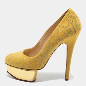 Charlotte Olympia Mustard Yellow Cotton Embroidered Felt Dolly Platform Pumps Size 36