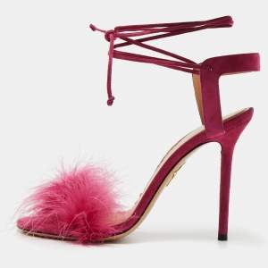 Charlotte Olympia Pink Suede and Fur Ankle Wrap Sandals Size 38