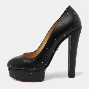Charlotte Olympia Black Leather Studded Block Heel Pumps Size 40