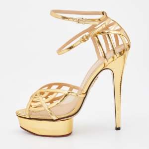 Charlotte Olympia Metallic Gold Patent Leather and Mesh Platform Ankle Strap Sandals Size 41