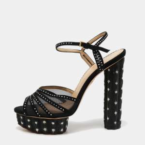 Charlotte Olympia Black Suede and Mesh Cactus Crystal Studded Ankle Strap Platform Sandals Size 40