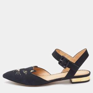 Charlotte Olympia Black Canvas Pointed Toe Ankle Strap Flats Size 38.5