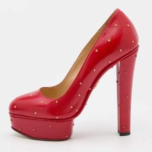 Charlotte Olympia Red Leather Studded Block Heel Platform Pumps Size 37
