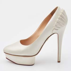 Pre Owned Charlotte Olympia White Satin Paloma Platform Pumps Size 37
