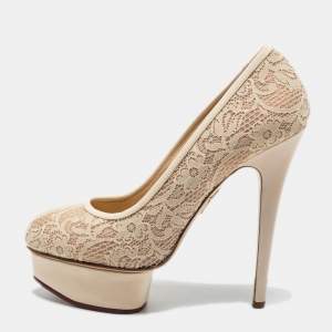 Charlotte Olympia Cream Lace Polly Platform Pumps Size 38.5