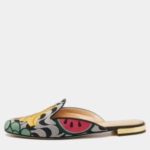 Charlotte Olympia Multicolor Fruits Embroidered Fabric Flat Mules Size 36.5