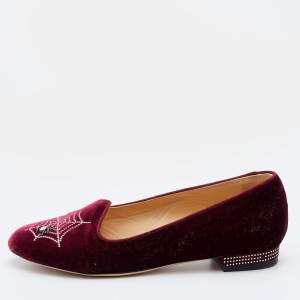 Pre Owned Charlotte Olympia Burgundy Velvet Spider Ballet Flats Size 36