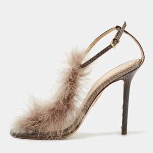 Charlotte Olympia Grey/Brown Karung Leather Ankle Wrap Sandals Size 39