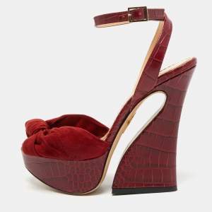 Charlotte Olympia Burgundy Croc Embossed Leather and Suede Ankle Strap Sandals Size 36