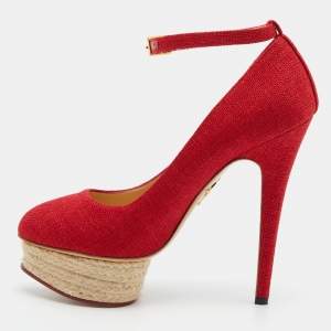 Pre Owned Charlotte Olympia Red Canvas Dolores Ankle Strap Platform Pumps Size 37.5