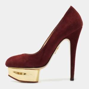 Charlotte Olympia Burgundy Suede Dolly Platform Pumps Size 36.5